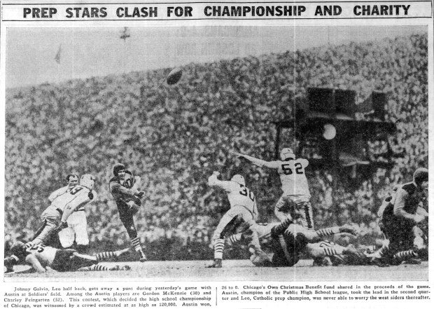More than 120,000 spectators watched Austin High beat Leo High 26-0 to win the city's prep football title on Nov. 27, 1937, at Soldier Field in Chicago. (Chicago Tribune)