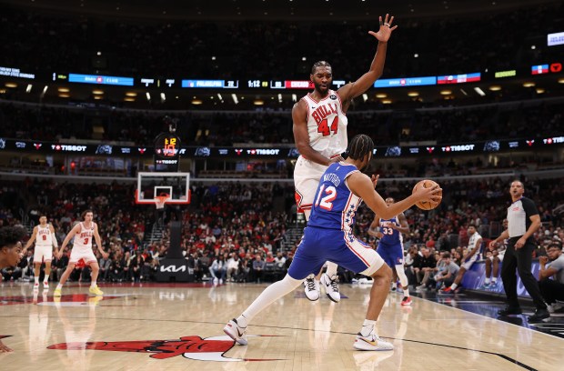 Bulls forward Patrick Williams tries to block a pass by the 76ers' Trendon Watford in the first half Tuesday, Nov. 4, 2025, at the United Center. (Chris Sweda/Chicago Tribune)