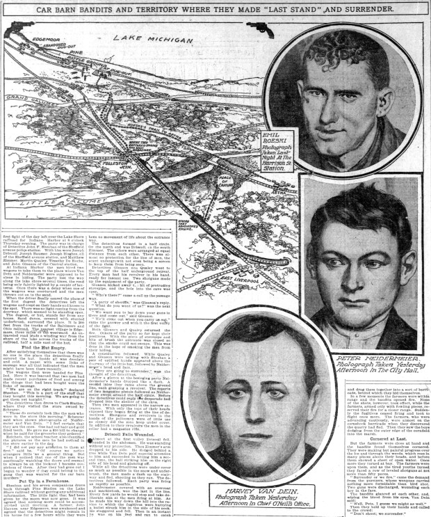 Gustave Marx, Harvey Van Dine and Peter Neidermeyer known together as the "Car Barn Bandits" were caught by police on Nov. 26, 1903, near Tolleston, Indiana. (Chicago Tribune)