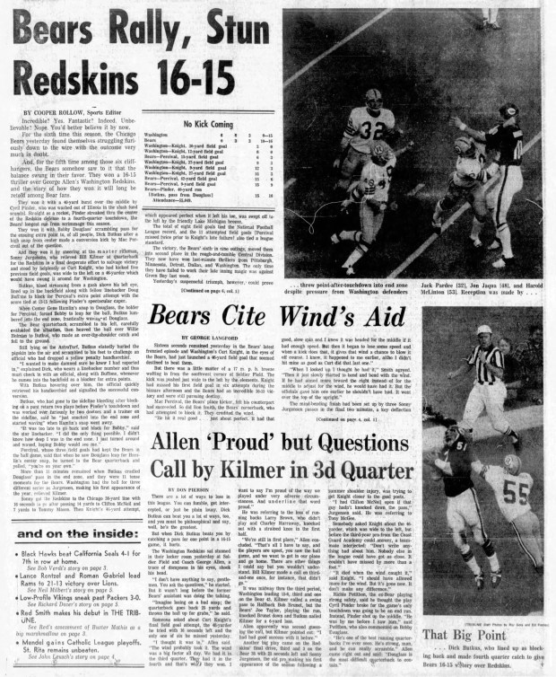 The Chicago Bears won a thriller against the Washington Redskins on Nov. 14, 1971 at Soldier Field in Chicago. Dick Butkus caught a pass from Bobby Douglass for an extra point that put the Bears up 16-15. (Chicago Tribune)