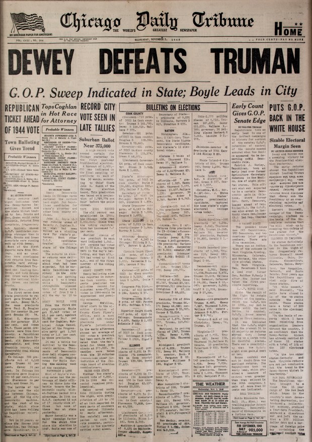 Still life of the Chicago Daily Tribune "Dewey Defeats Truman" newspaper belonging to former Tribune Editor Gerry Kern. (Bill Hogan/Chicago Tribune)