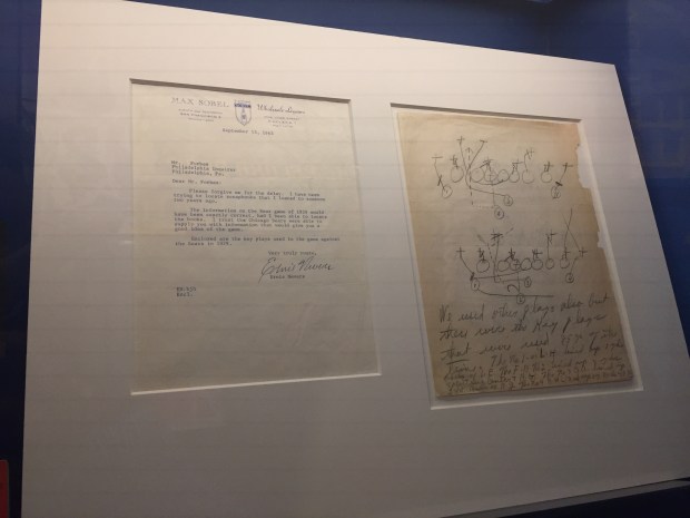 Chicago Cardinals fullback Ernie Nevers' letter to a reporter includes a sketch of the key plays that helped him score six touchdowns and four extra points against the Chicago Bears on Nov. 28, 1929. The 40 total points by an individual player remains an NFL record and the letter and sketch are displayed at the Pro Football Hall of Fame in Canton, Ohio (Phil Thompson/Chicago Tribune)