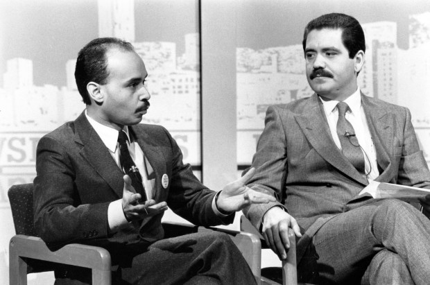 Luis Gutierrez, 26th Ward, left, and Jesus "Chuy" Garcia, 22nd Ward, during a taping of the "Newsmakers" show at CBS Studios on Jan. 29, 1988, at 630 N. McClurg Court in Chicago. (Walter Kale/Chicago Tribune)