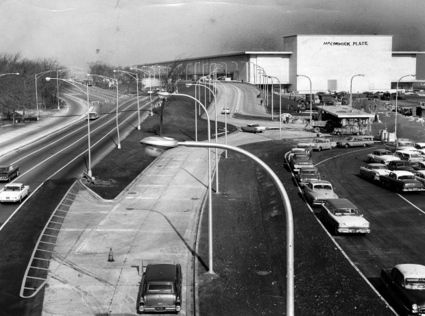 McCormick Place, Chicago's new lakefront exposition center, pictured form the south as the final work was in progress on Nov. 17, 1960. Traffic flows along Lake Shore Drive on the left. (Jack Mulcahy/Chicago Tribune)