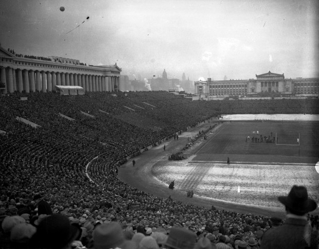 The official dedication ceremony for Soldier Field was held on Nov. 27, 1926, in front of a crowd of 110,000 during the Army vs. Navy game. The game ended in a 21-21 tie. The field first opened as Municipal Grant Park Stadium on Oct. 9, 1924. (Chicago Herald and Examiner)