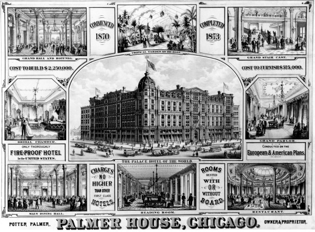 A lithograph of the Palmer House Hotel, circa 1873. (Chicago History Museum)