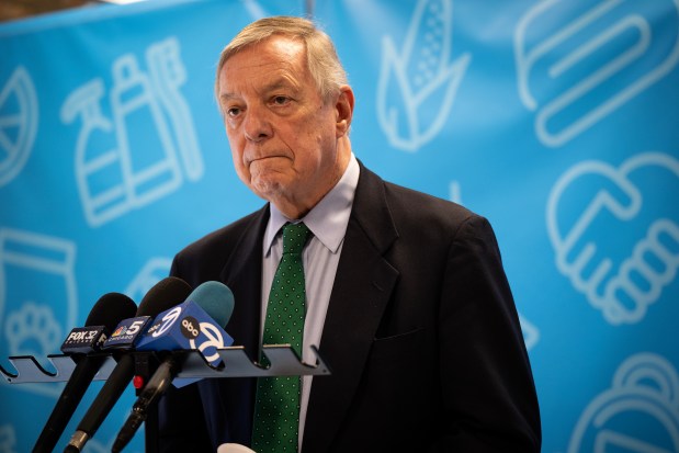 U.S. Sen. Dick Durbin visits Care for Real to discuss recent disruptions to the SNAP program, in the Edgewater neighborhood of Chicago on Nov. 14, 2025. (E. Jason Wambsgans/Chicago Tribune)
