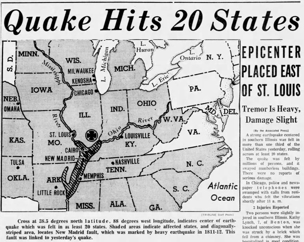 Shortly after 11 a.m. on Nov. 9, 1968, Chicagoans felt vibrations associated with an earthquake that originated downstate. The 5.3-magnitude tremor was the strongest on record in the state of Illinois. (Chicago Tribune)