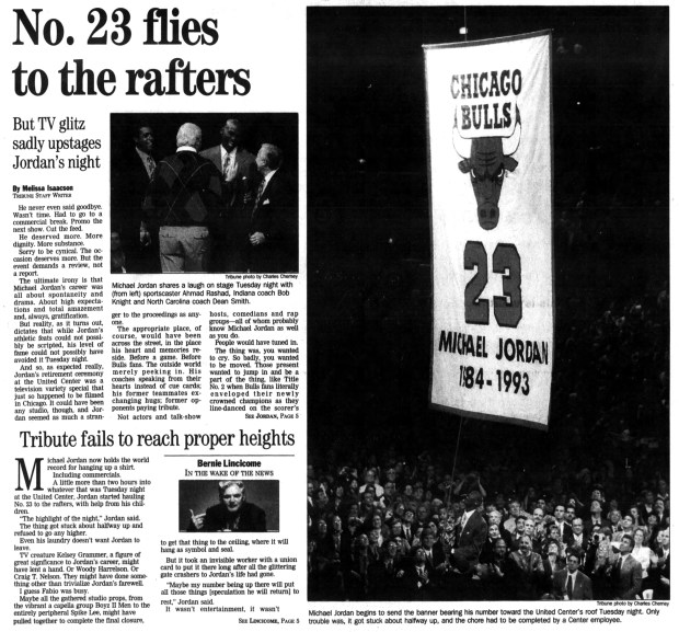 Michael Jordan's No. 23 jersey was retired by the Chicago Bulls on Nov. 1, 1994, at the United Center. (Chicago Tribune)