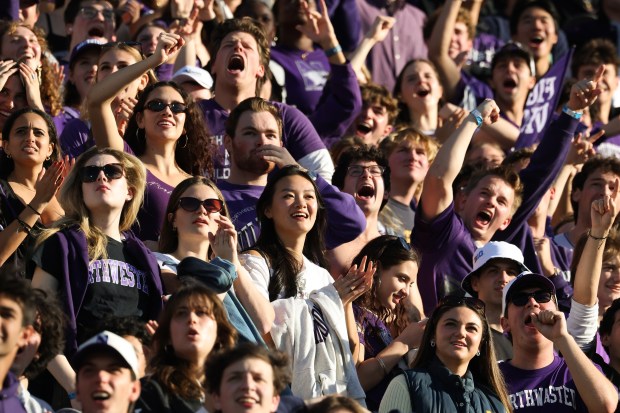 Northwestern students cheer on the team in the fourth quarter against Michigan at Wrigley Field on Nov. 15, 2025, in Chicago. (John J. Kim/Chicago Tribune)