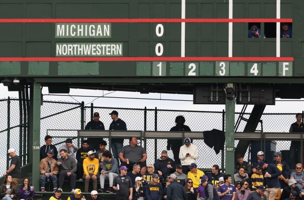 The scoreboard displays zeros at the start of the second quarter between Northwestern and Michigan at Wrigley Field on Nov. 15, 2025, in Chicago. (John J. Kim/Chicago Tribune)