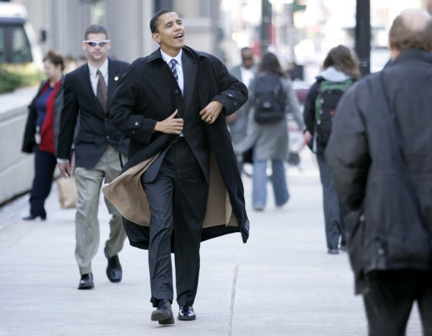 Senate-elect Barack Obama walks down Adams Street as he greet commuters on Nov. 3, 2004 at Union Station in Chicago. Obama defeated Republican Alan Keyes in the general election. (Scott Strazzante/Chicago Tribune)