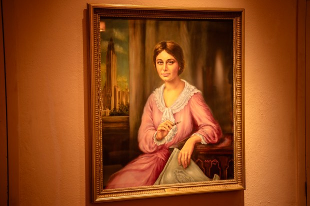 Adah Robinson, Bruce Goff's art teacher, who the Boston Avenue United Methodist Church by Bruce Goff in Tulsa credits with the design of the church, June 14 2025. Her portrait hangs prominently in its center hall. (E. Jason Wambsgans/Chicago Tribune)