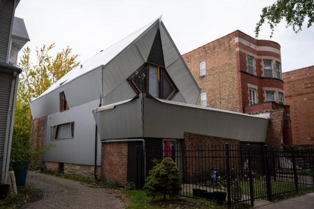 In 1948 Bruce Goff remodeled an existing wood house from 1889 in the Uptown neighborhood into a home and recording studio for recording engineer Myron Bachman. Shown Oct. 22, 2025. (E. Jason Wambsgans/Chicago Tribune)