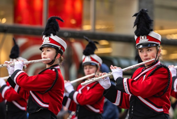 Valders High School's marching band performs during the 91st annual Chicago Thanksgiving Parade on Nov. 27, 2025. (Dominic Di Palermo/Chicago Tribune)