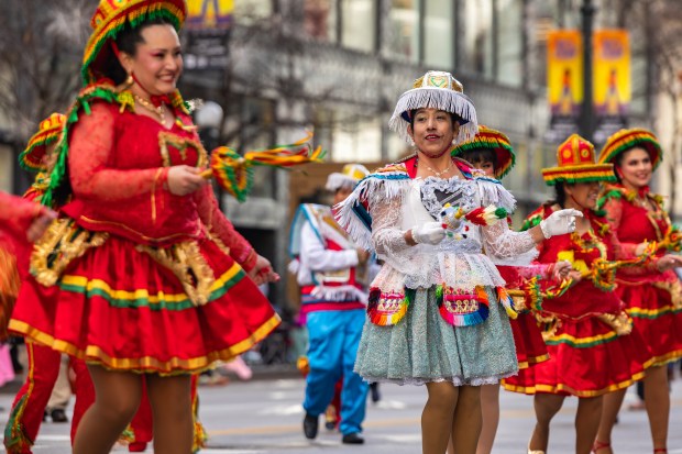 Renacer Boliviano Dance Troupe performs during the 91st annual Chicago Thanksgiving Parade on Nov. 27, 2025. (Dominic Di Palermo/Chicago Tribune)