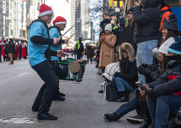The Crystal Lake Strikers' drummers perform for the audience during the 91st annual Chicago Thanksgiving Parade on Nov. 27, 2025. (Dominic Di Palermo/Chicago Tribune)