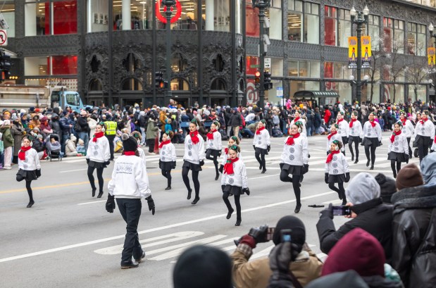 Rebecca McCarthy School of Dance performs during the 91st annual Chicago Thanksgiving Parade on Nov. 27, 2025. (Dominic Di Palermo/Chicago Tribune)