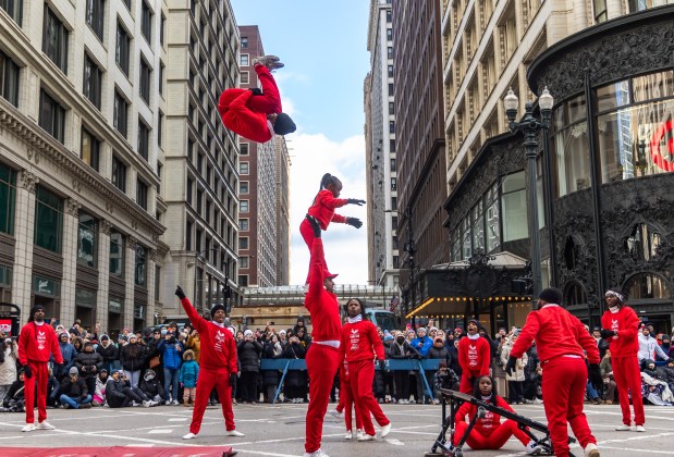 The Jesse White Tumblers perform during the 91st annual Chicago Thanksgiving Parade on Nov. 27, 2025. (Dominic Di Palermo/Chicago Tribune)