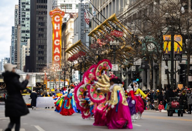 Chicago Korean Dance performs during the 91st annual Chicago Thanksgiving Parade on Nov. 27, 2025. (Dominic Di Palermo/Chicago Tribune)
