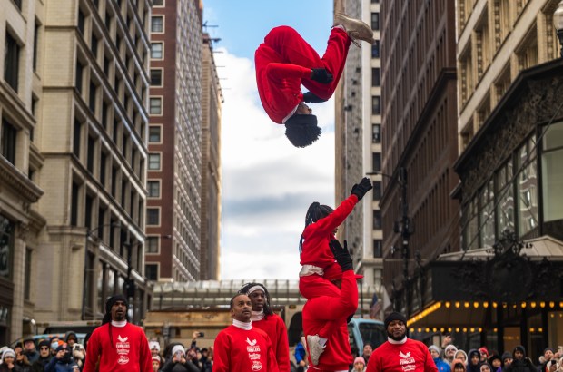 The Jesse White Tumblers perform during the 91st annual Chicago Thanksgiving Parade on Nov. 27, 2025. (Dominic Di Palermo/Chicago Tribune)