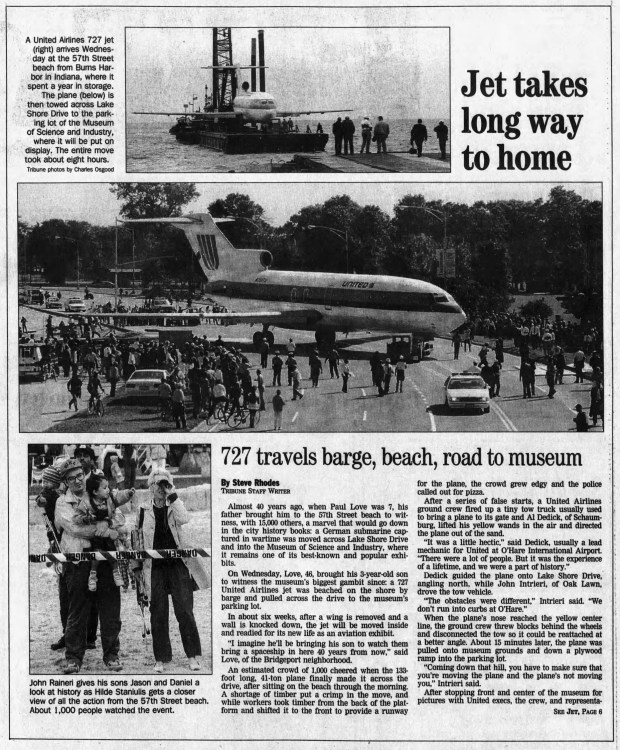 A retired United Airlines 727 made its way to the Museum of Science, where it was to be placed on exhibit, in Sept. 1993. After it was taken apart, the plane was loaded into the museum piece by piece on Nov. 18, 1993. (Chicago Tribune)