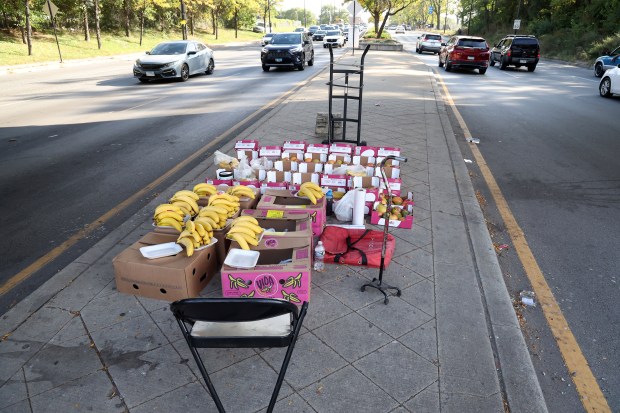 Boxes of fruit are left on the median in the 4200 block of S. Cicero Avenue in Chicago, near the entrance to the northbound Stevenson Expressway, after fruit vendor Edwin Andres Quinones reportedly was detained by immigration officials on Oct. 2, 2025. (Terrence Antonio James/Chicago Tribune)