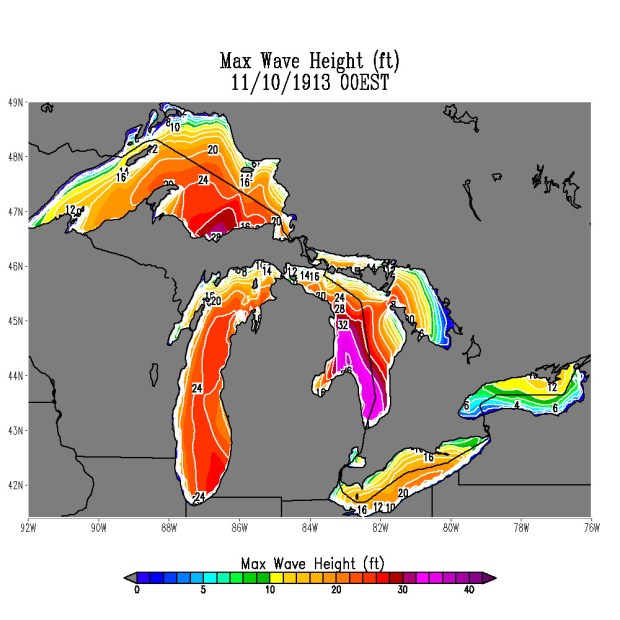 In this image by the National Weather Service, maximum wave heights on Lake Michigan during the "White Hurricane" from Nov. 7-10, 1913, reached 24 feet near Chicago. (Chicago Tribune)