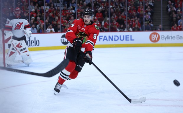 Blackhawks left wing Landon Slaggert skates after the puck in the first period against the Devils on Wednesday, Nov. 12, 2025, at the United Center. (Chris Sweda/Chicago Tribune)
