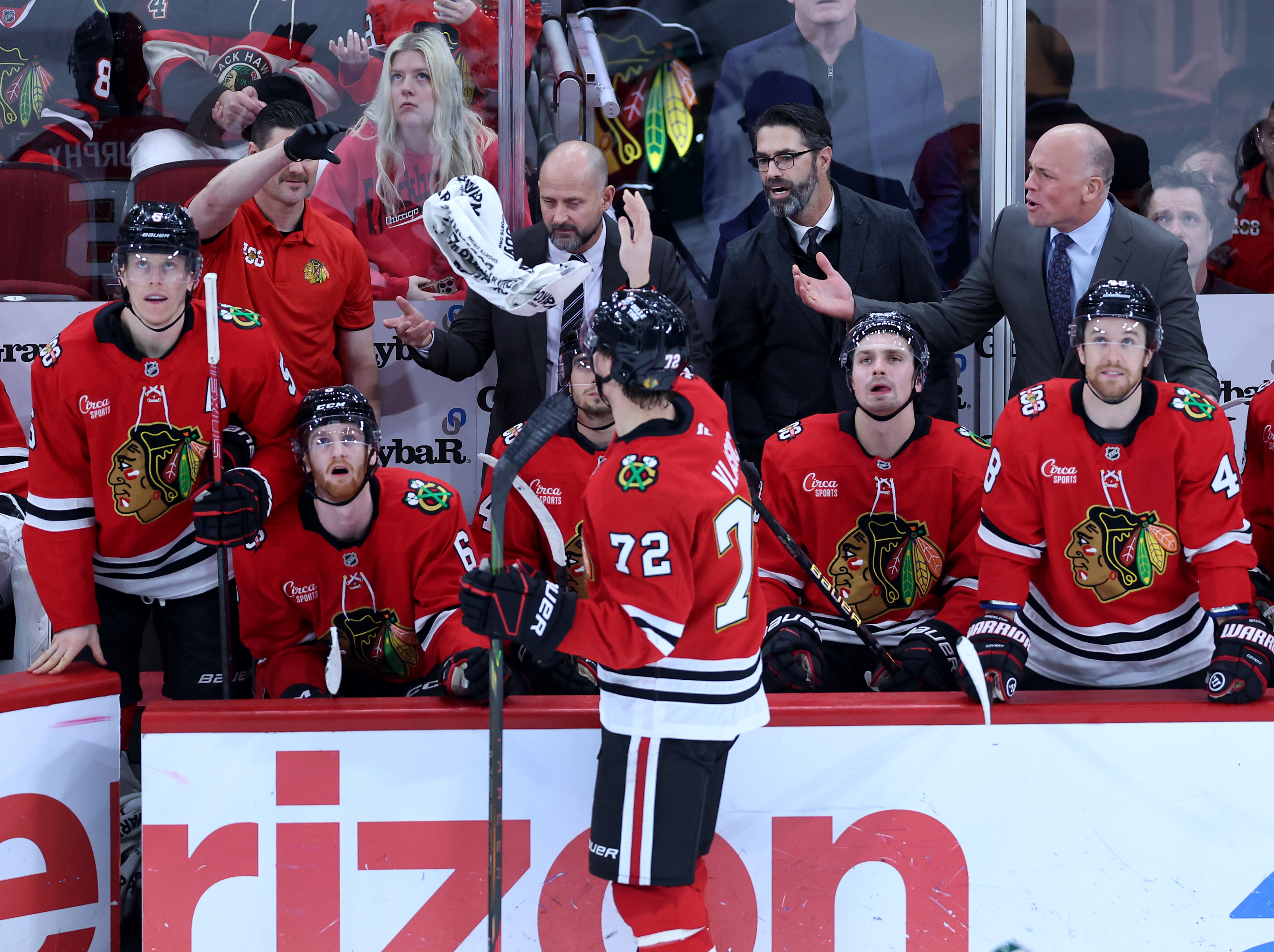 The Chicago Blackhawks coaching staff reacts to a penalty called on the Blackhawks in overtime of a game against the Minnesota Wild at the United Center in Chicago on Nov. 26, 2025. (Chris Sweda/Chicago Tribune)