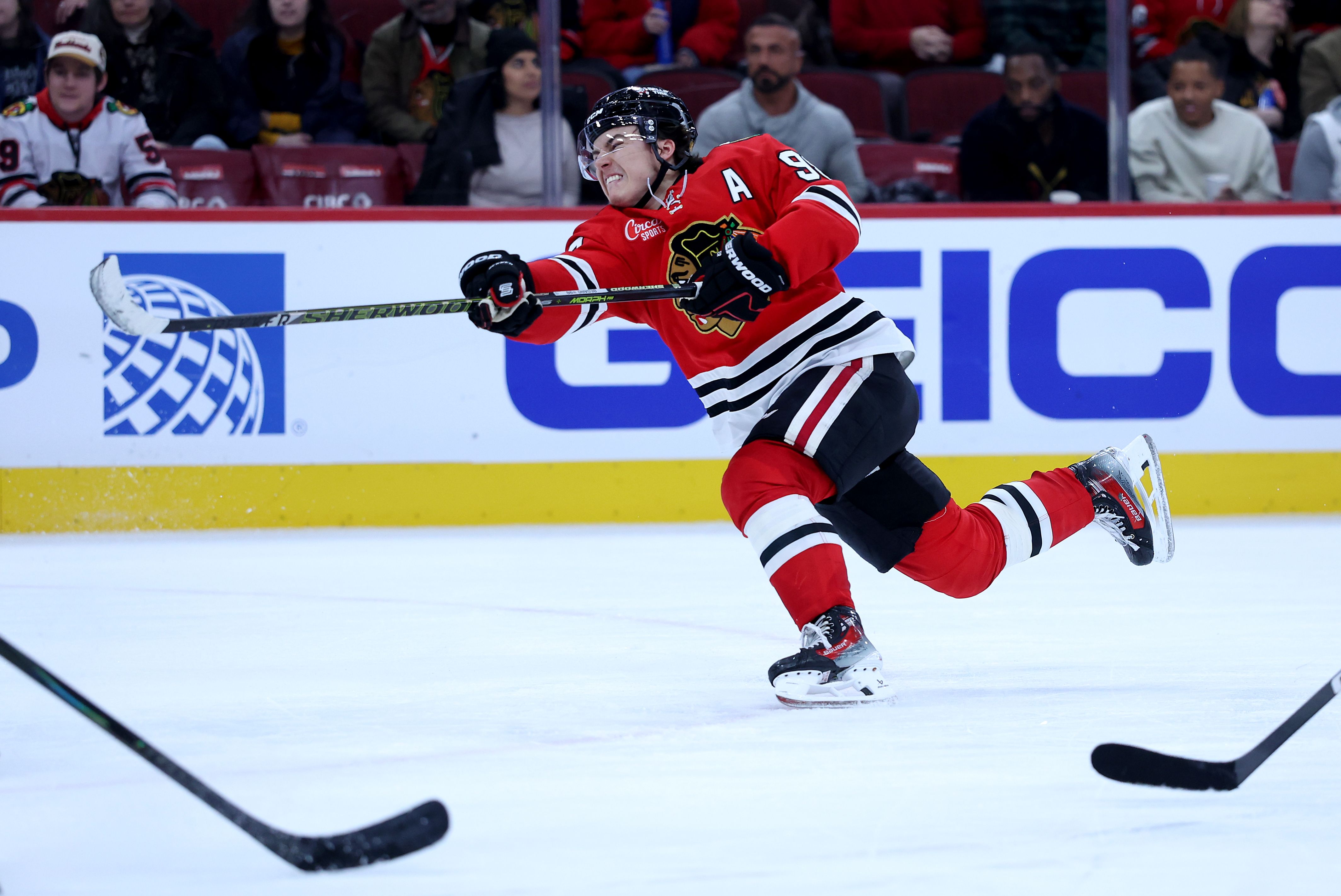 Chicago Blackhawks center Connor Bedard (98) takes a shot in the third period of a game against the Minnesota Wild at the United Center in Chicago on Nov. 26, 2025. (Chris Sweda/Chicago Tribune)