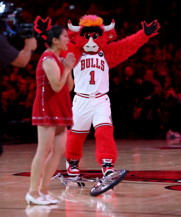 Benny the Bull goes over to hug Red Panda after her performance at halftime of a game between the Chicago Bulls and the Philadelphia 76ers at the United Center in Chicago on Nov. 4, 2025. (Chris Sweda/Chicago Tribune)
