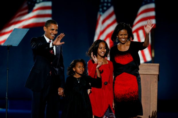 U.S. President-elect Barack Obama with his family at the Election Night Rally in Grant Park on Nov. 4, 2008, in Chicago. (Phil Velasquez/Chicago Tribune)