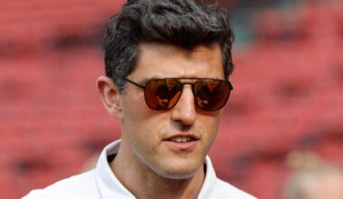 FILe - Then-Chief Baseball Officer of the Boston Red Sox Chaim Bloom talks with a reporter before the baseball game between the Boston Red Sox and the New York Yankees Friday, June 16, 2023, at Fenway Park in Boston.