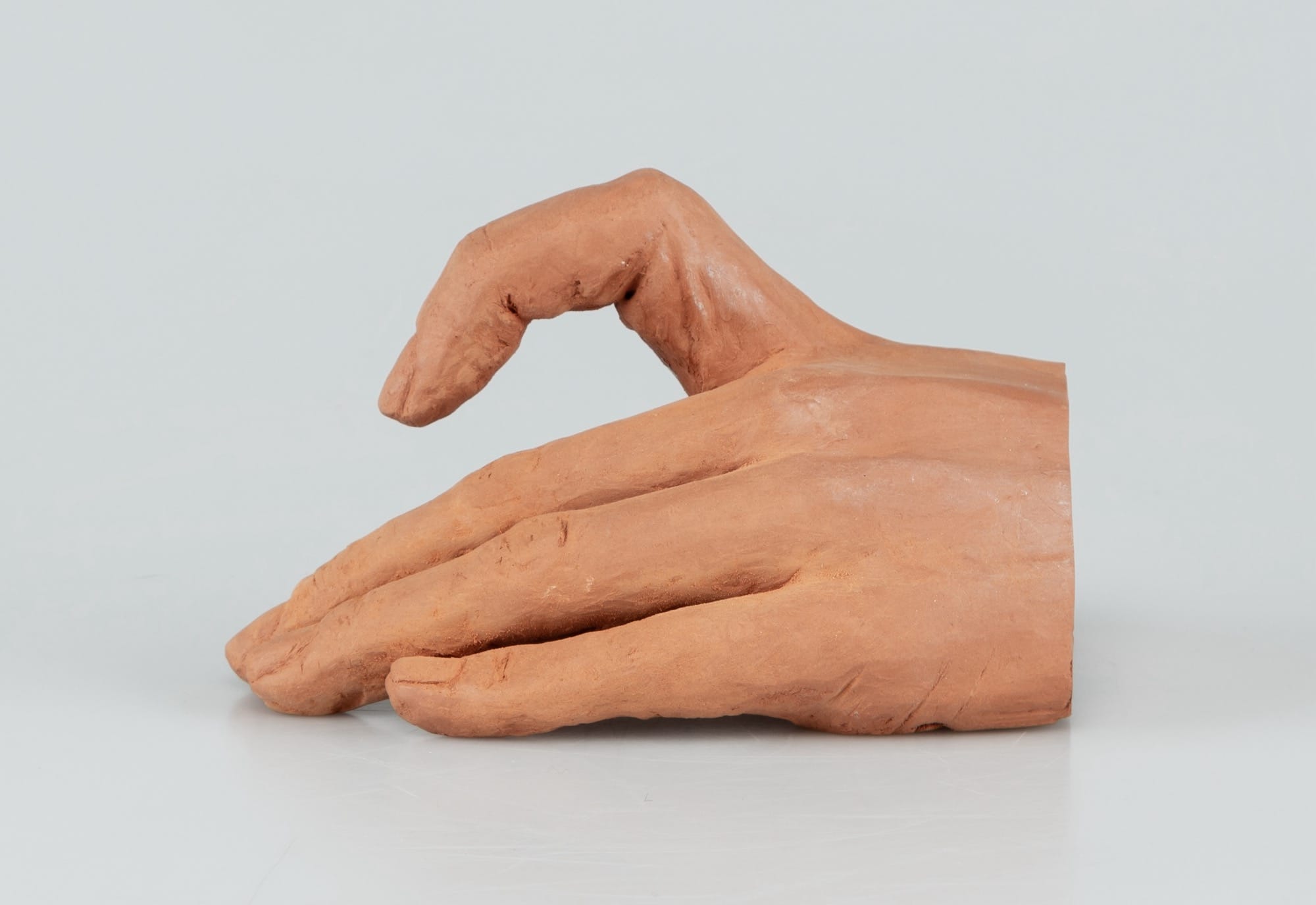 a ceramic sculpture by Léonore Chastagner of three-quarters of a hand, shown from the side with the pointer finger raised in an arc