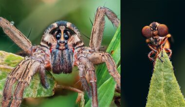 Close-up of a spider on the left clinging to a green leaf, showing its eyes and hairy legs, and a detailed view of an insect with large eyes perched on the tip of a leaf on the right.