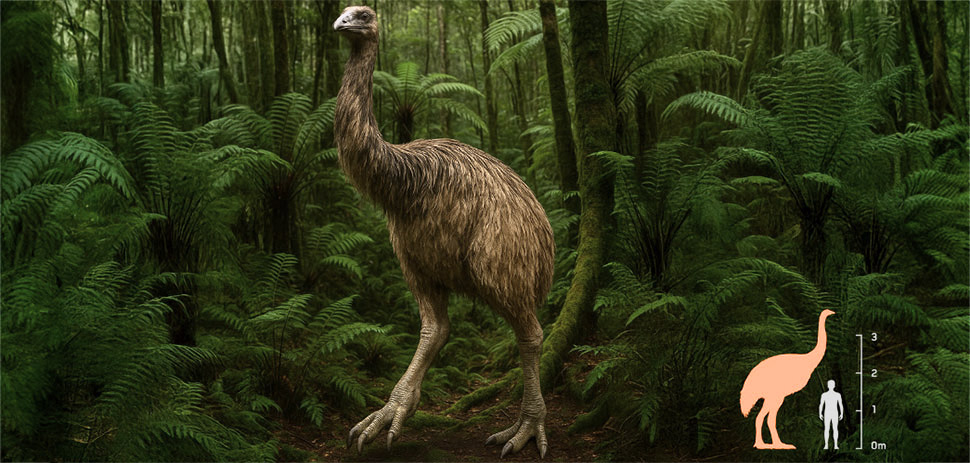 The South Island giant moa towered over New Zealand's forests for millions of years before becoming extinct within a century of Polynesian settlement around 1400 CE. Colossal Biosciences plans to resurrect the 500-pound birds using ancient DNA extracted from cave deposits and artificial egg technology. [Source image: Colossal Biosciences]