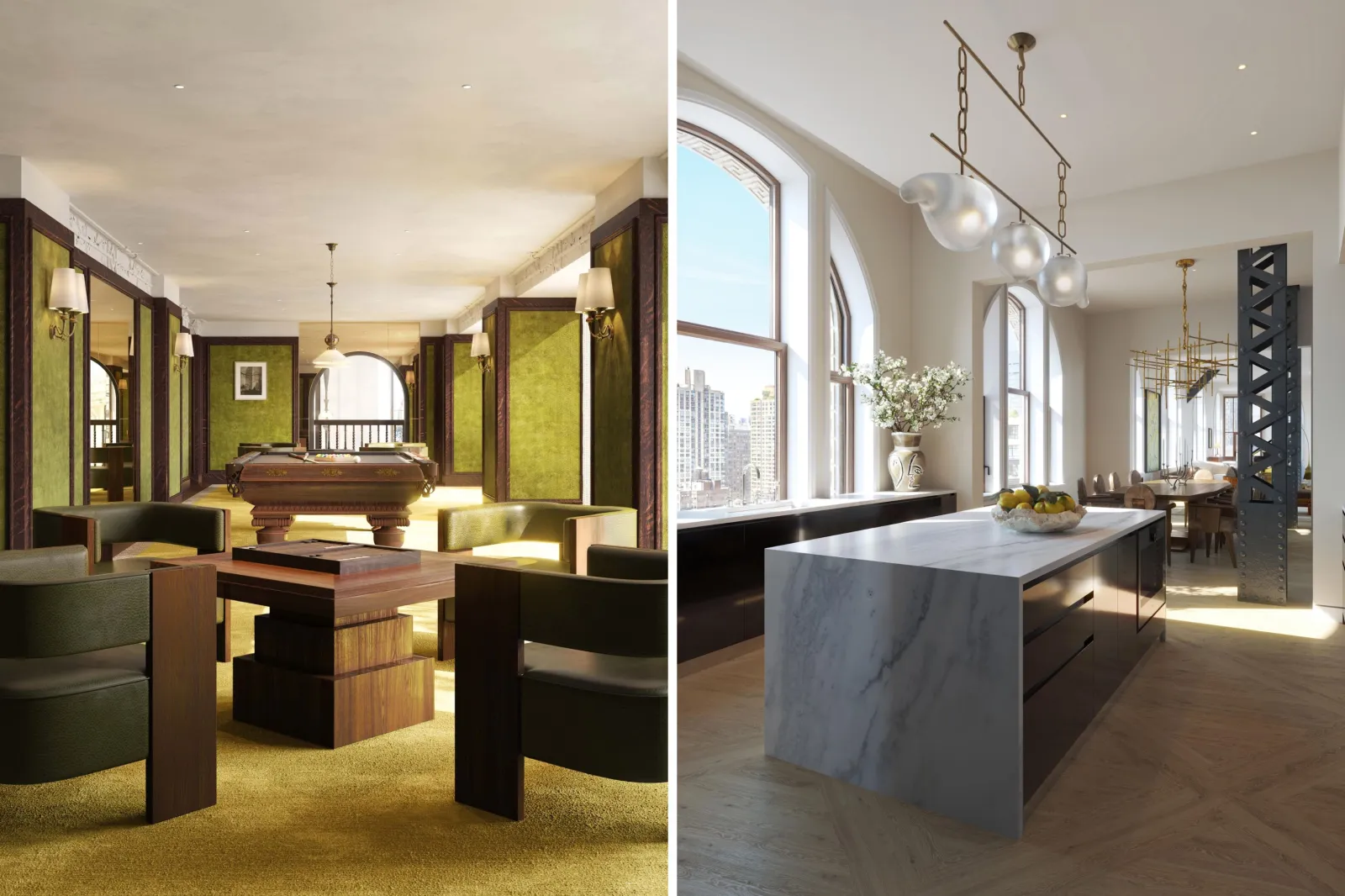 A rendering of a games lounge and kitchen space inside the converted Flatiron Building.