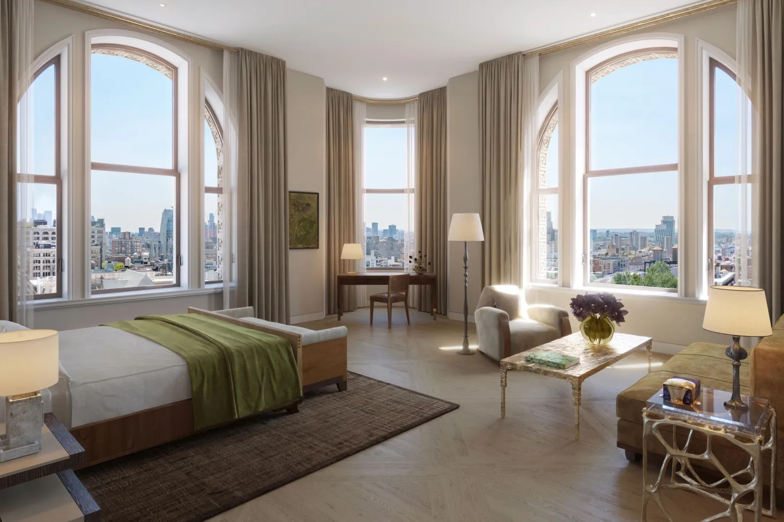 A rendering of a primary bedroom on Floor 21 inside the converted Flatiron Building.