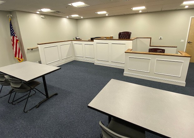 One of the new courtrooms at 1600 Garrett Road. The offices and courts have moved across Barclay Square Shopping Center to a new facility with two courtrooms. (PETE BANNAN-DAILY TIMES)