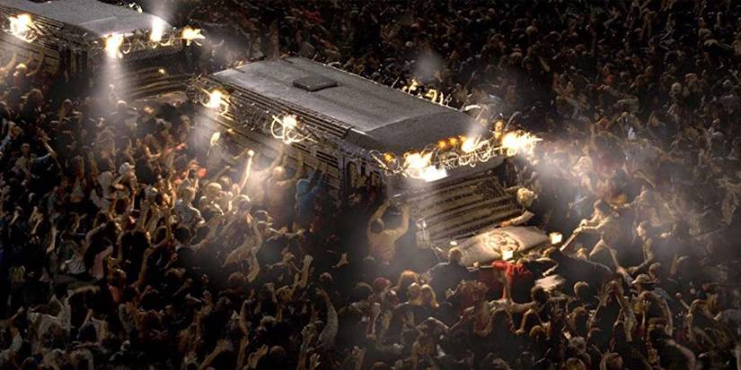 Armored buses moving through a zombie horde in 2004's Dawn of the Dead
