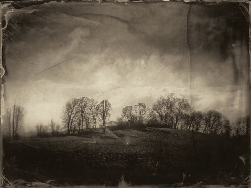 A sepia-toned, vintage-style photograph shows a line of leafless trees on a hill under a cloudy sky, with textured edges giving the image an old, weathered appearance.