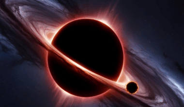 An illustration of a large black hole with a smaller black hole orbiting around it.