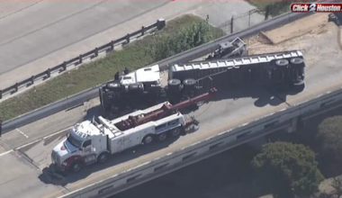 Overturned semi-truck blocks Eastex Freeway entrance ramp at 610 North Loop