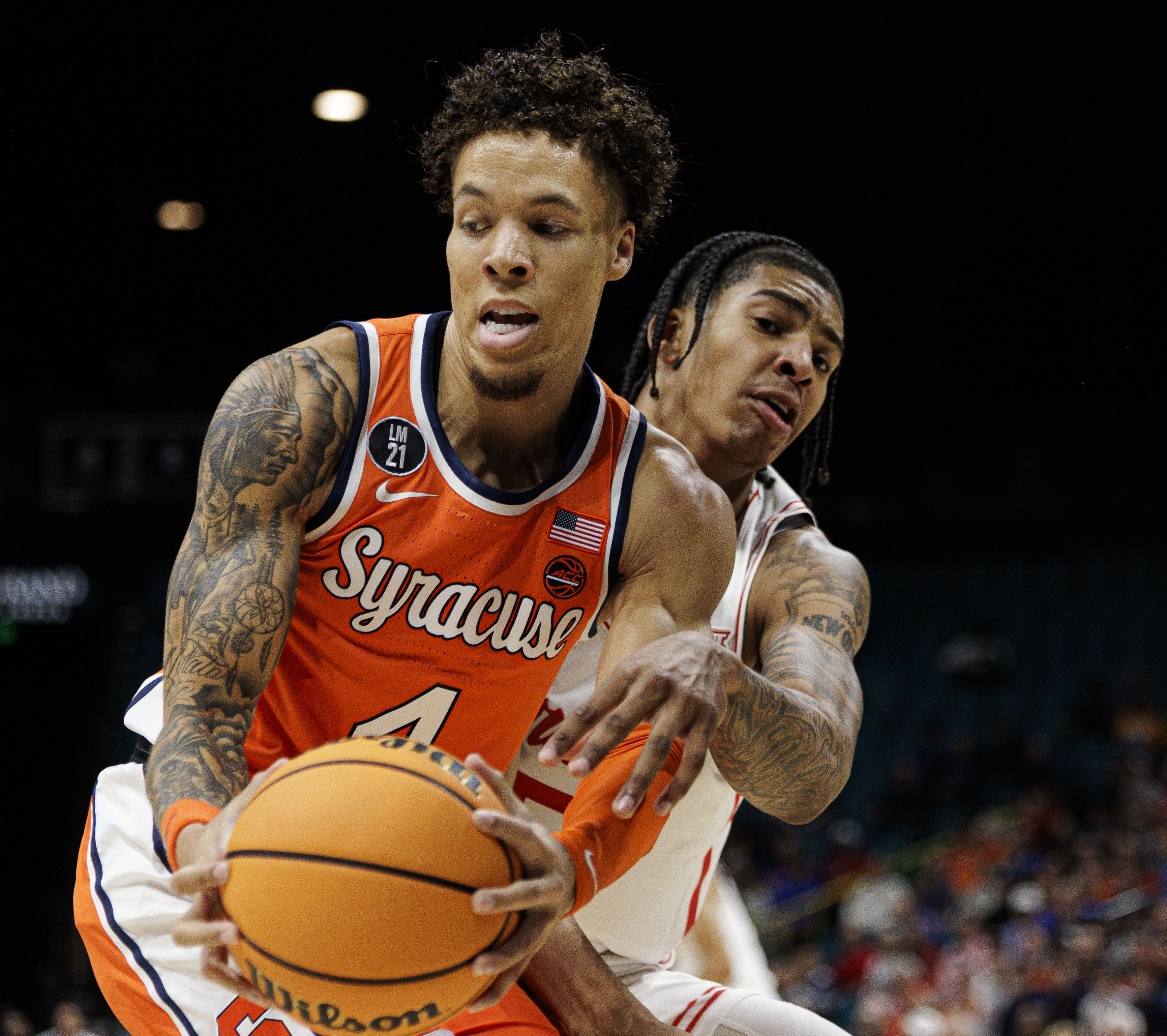 Syracuse Orange guard Nate Kingz (4) pulls a rebound down as Syracuse takes on Houston in the first round of play in the Players Era Festival at the MGM Grand in Las Vegas Monday, November 24, 2025. (N. Scott Trimble | strimble@syracuse.com)
