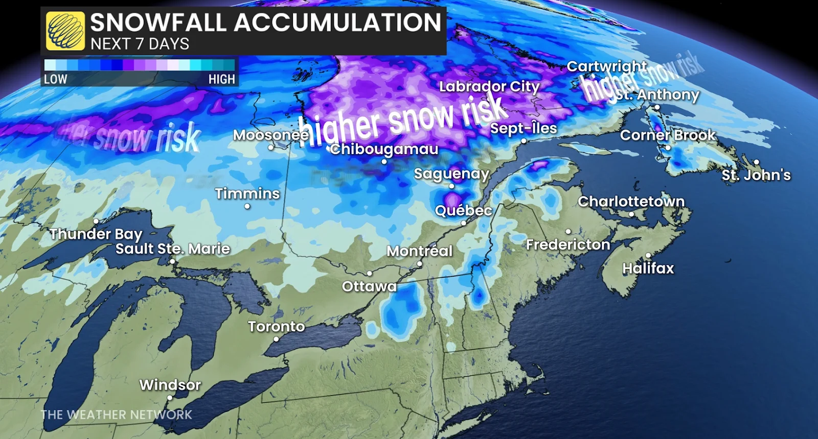 Eastern Canada forecast 7-day snowfall - Nov. 1, 2025