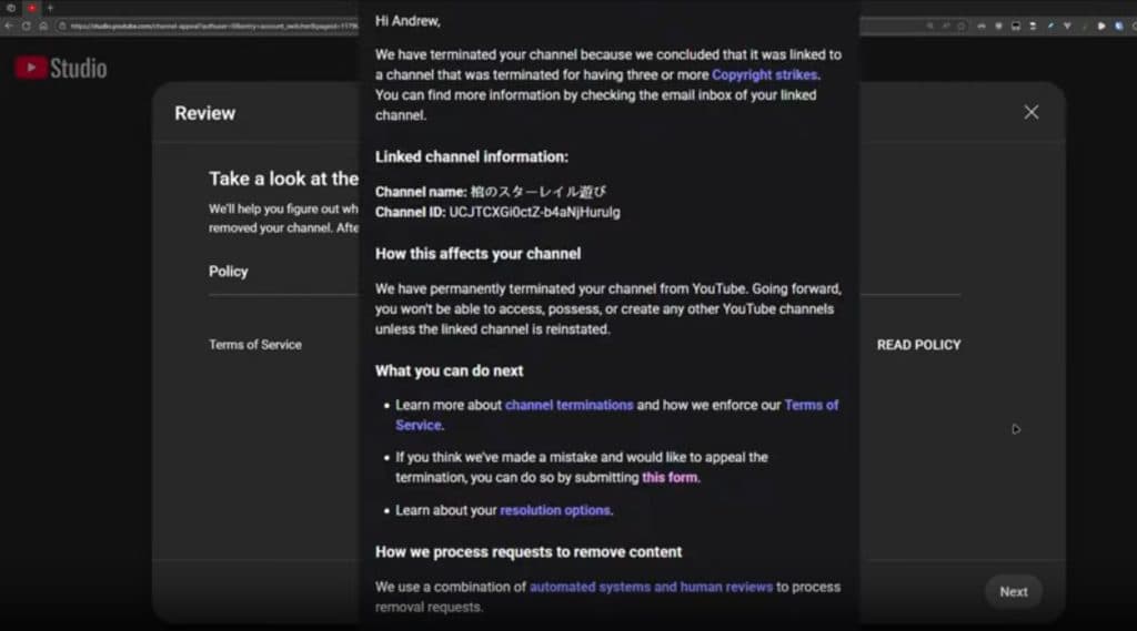 An image of a YouTube account termination notice