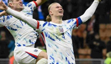 Erling Haaland celebrates after scoring against Italy