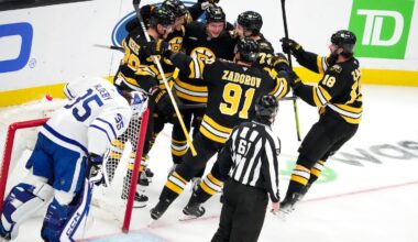 Teammates surround David Pastrnak after he scored his 400th career goal early in the second period.