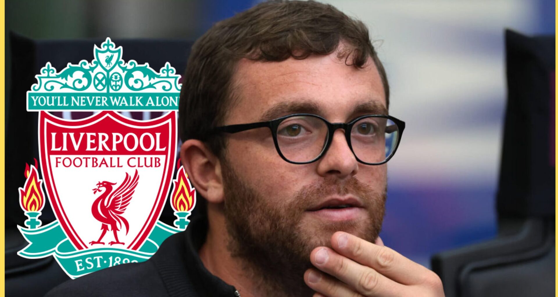 Fabrizio Romano looks on in front of Liverpool club crest.